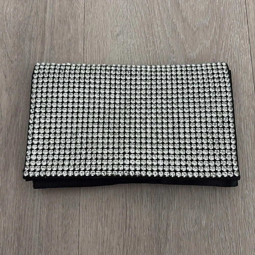 Amber Sceats Womens Purse Rhinestones Silver Black Satin Clutch Crossbody Bling - Picture 3 of 9